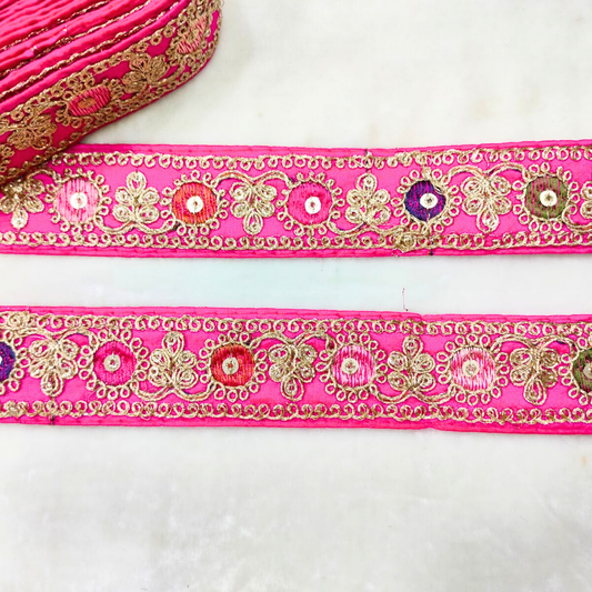 Vibrant Pink Base Multicolor Embroidery Lace Trim