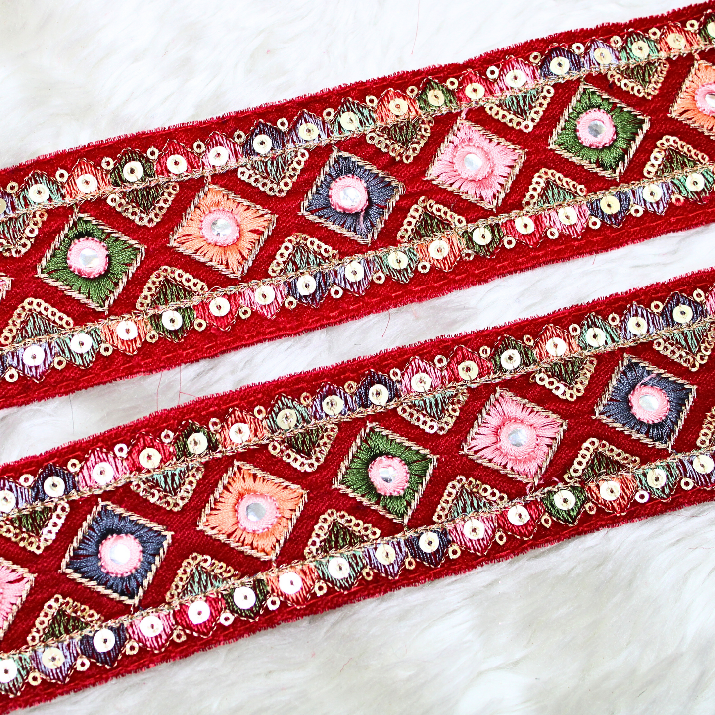 Vibrant Red Multicolor Embroidery Trim