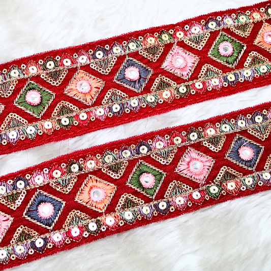 Vibrant Red Multicolor Embroidery Trim