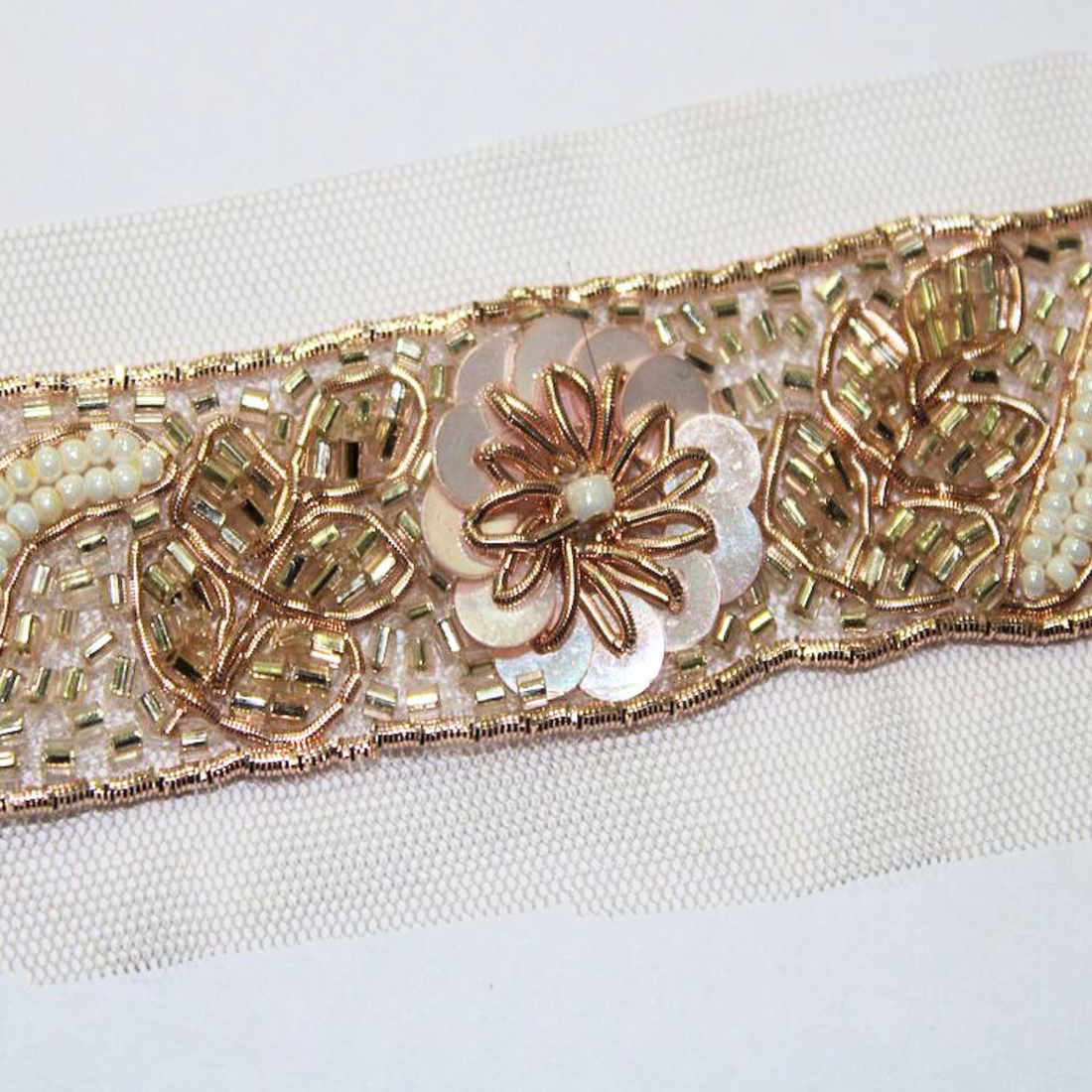 Rose Gold Sequin Floral Embellished Handwork Lace