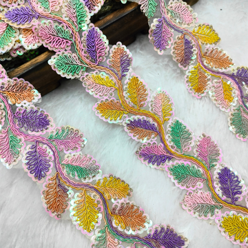 Multicolor Pastel Leaf Vine Embroidered Sequin Lace