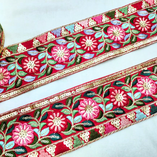 Bold Bright Red Multicolor Embroidery Trim