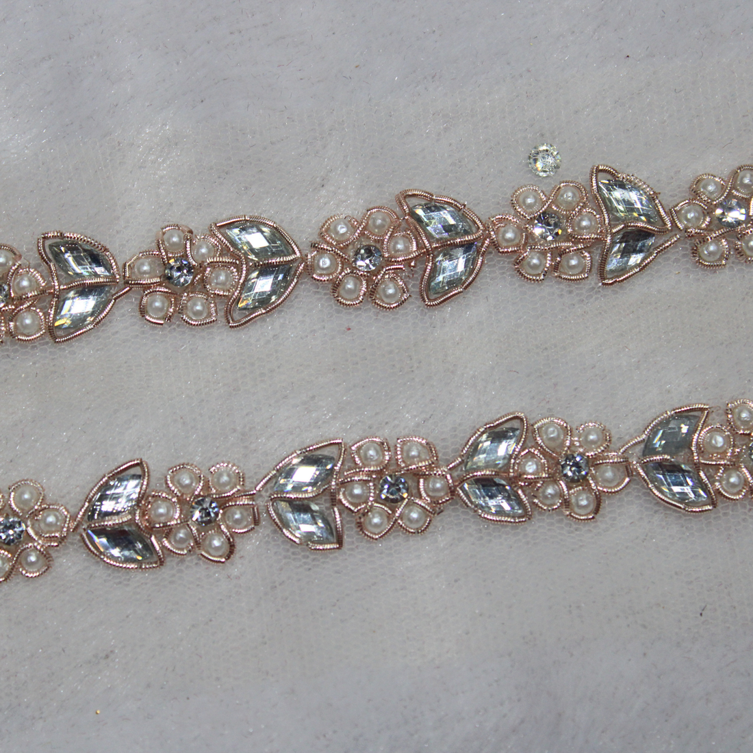 Rose Gold Beads & White Stone Embellished Handwork Trim