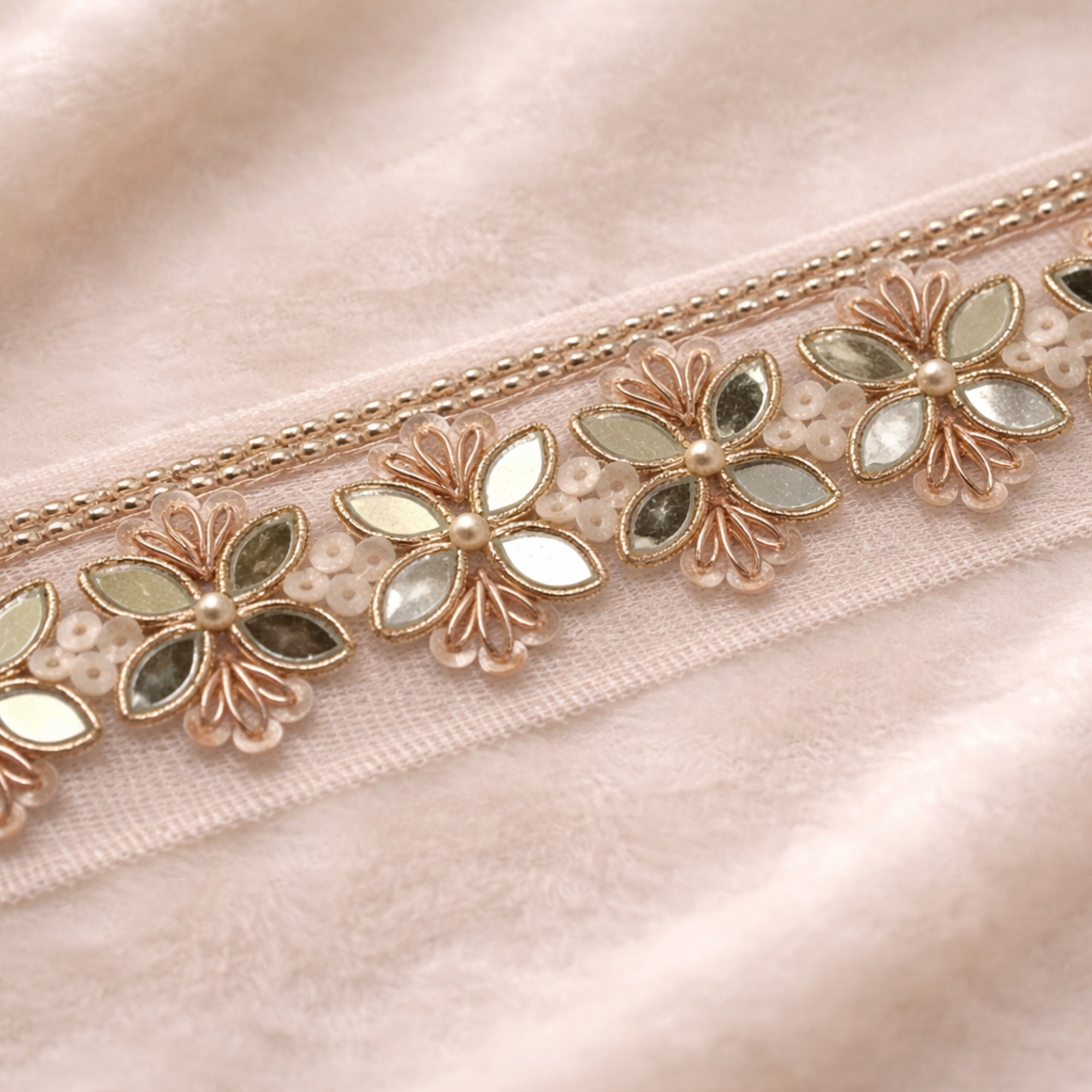 Floral Mirror & Pearl Handwork Trim