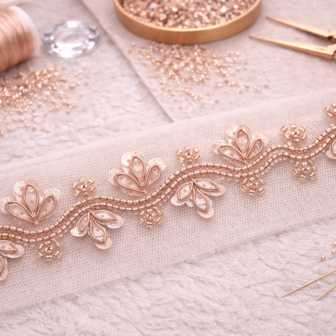 Hand Embroidered Beaded & Sequin Lace Trim