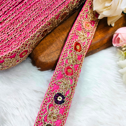 Vibrant Pink Base Multicolor Embroidery Lace Trim