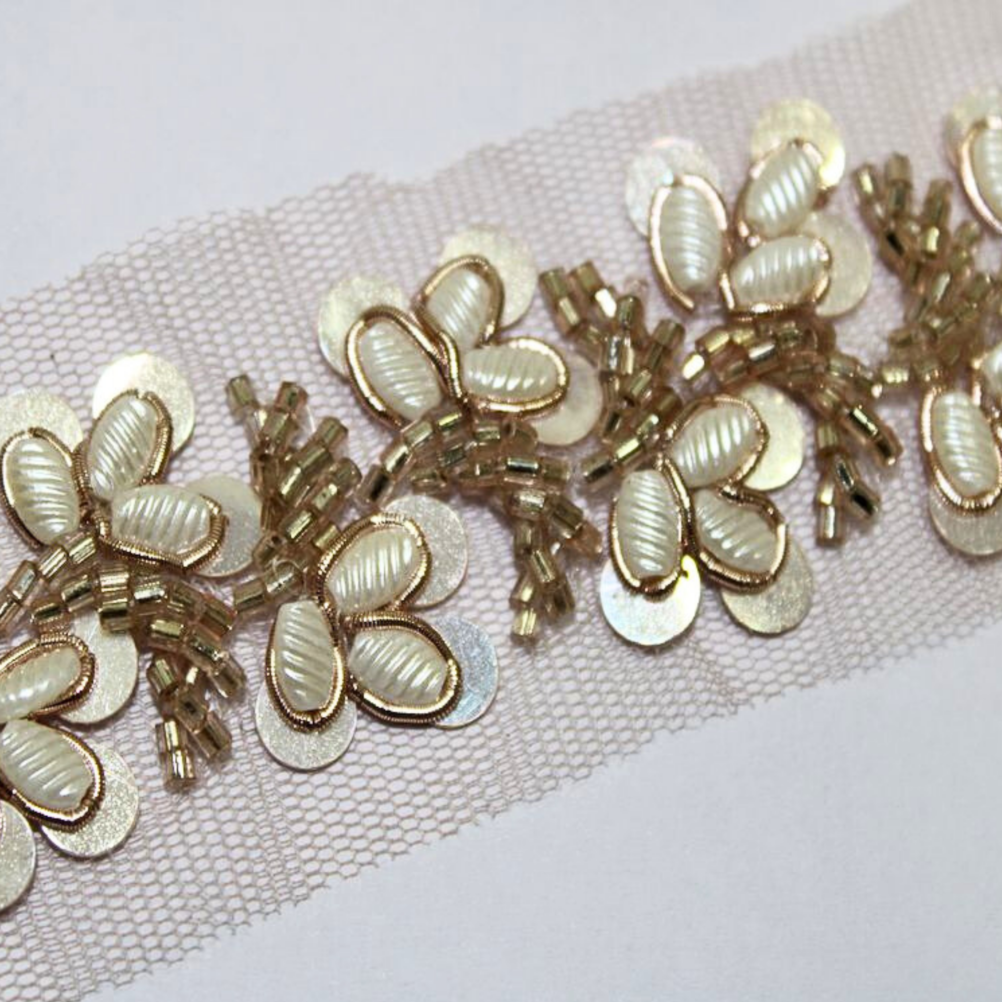 Golden and White Pearl and Stone Embellished Handwork Lace
