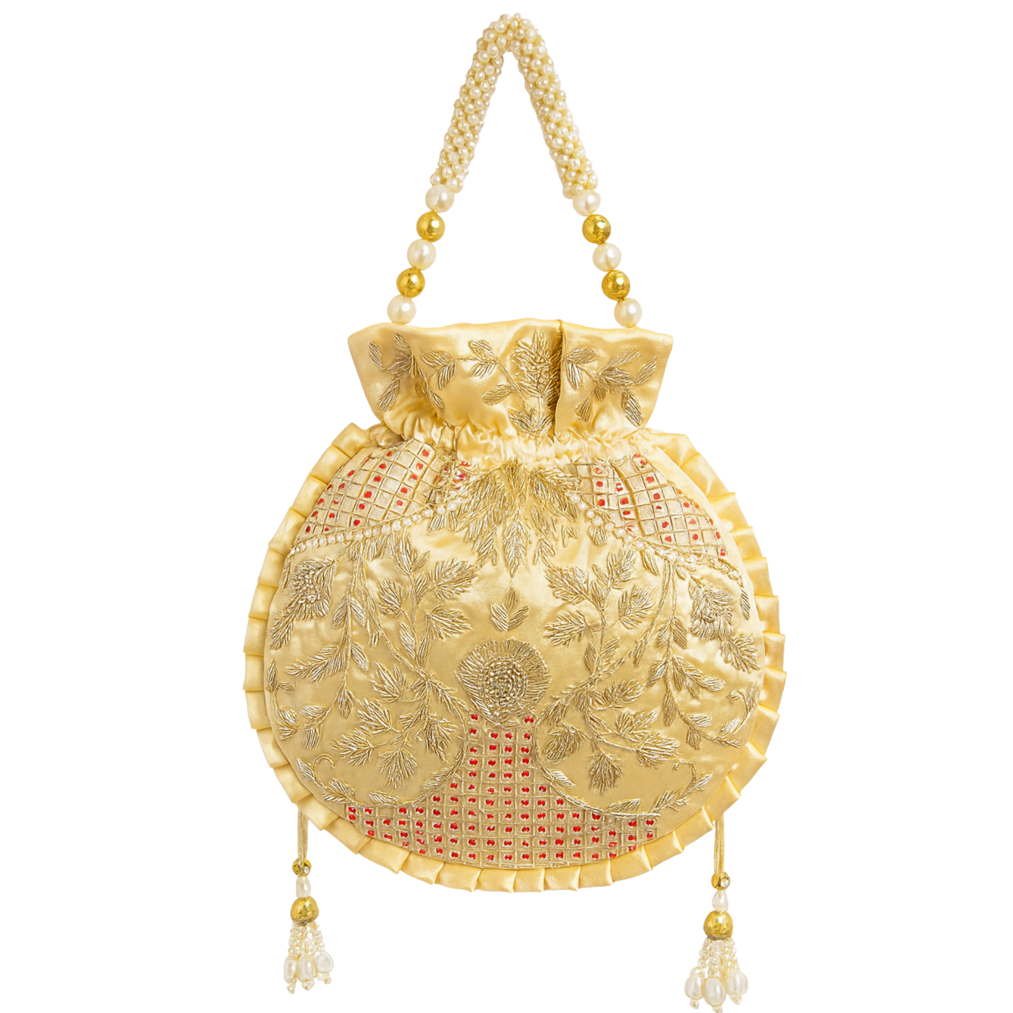Golden Zari Pearl Handle Potli