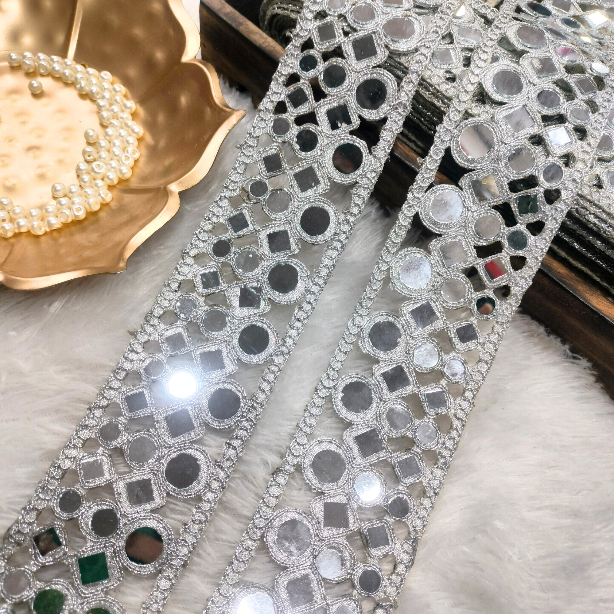 Silver Geometric Mirror Work Lace