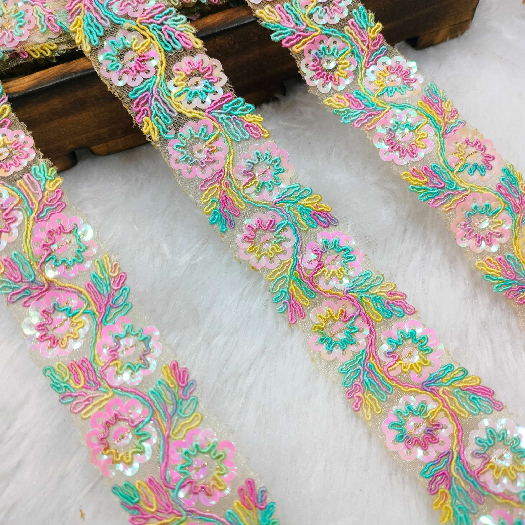 Pastel Multicolor Floral Embroidered Sequin Net Lace