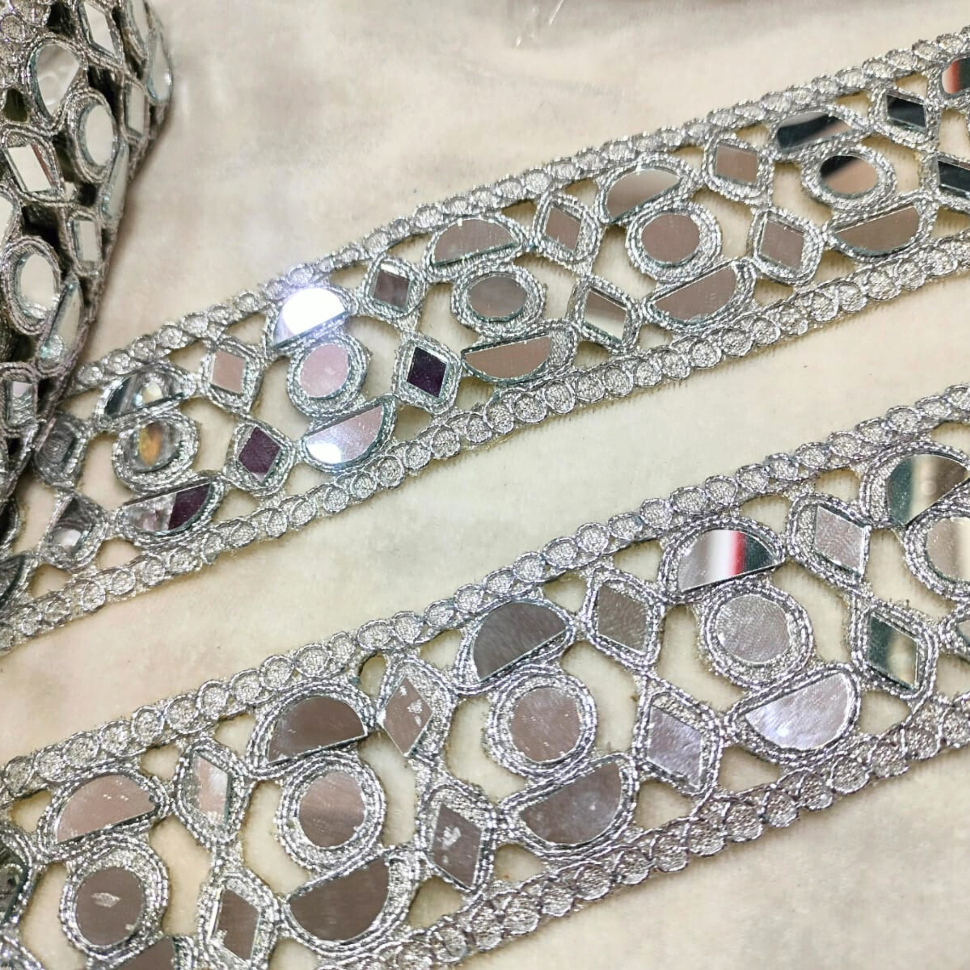 Geometric Mirror Work Embroidered Designer Lace