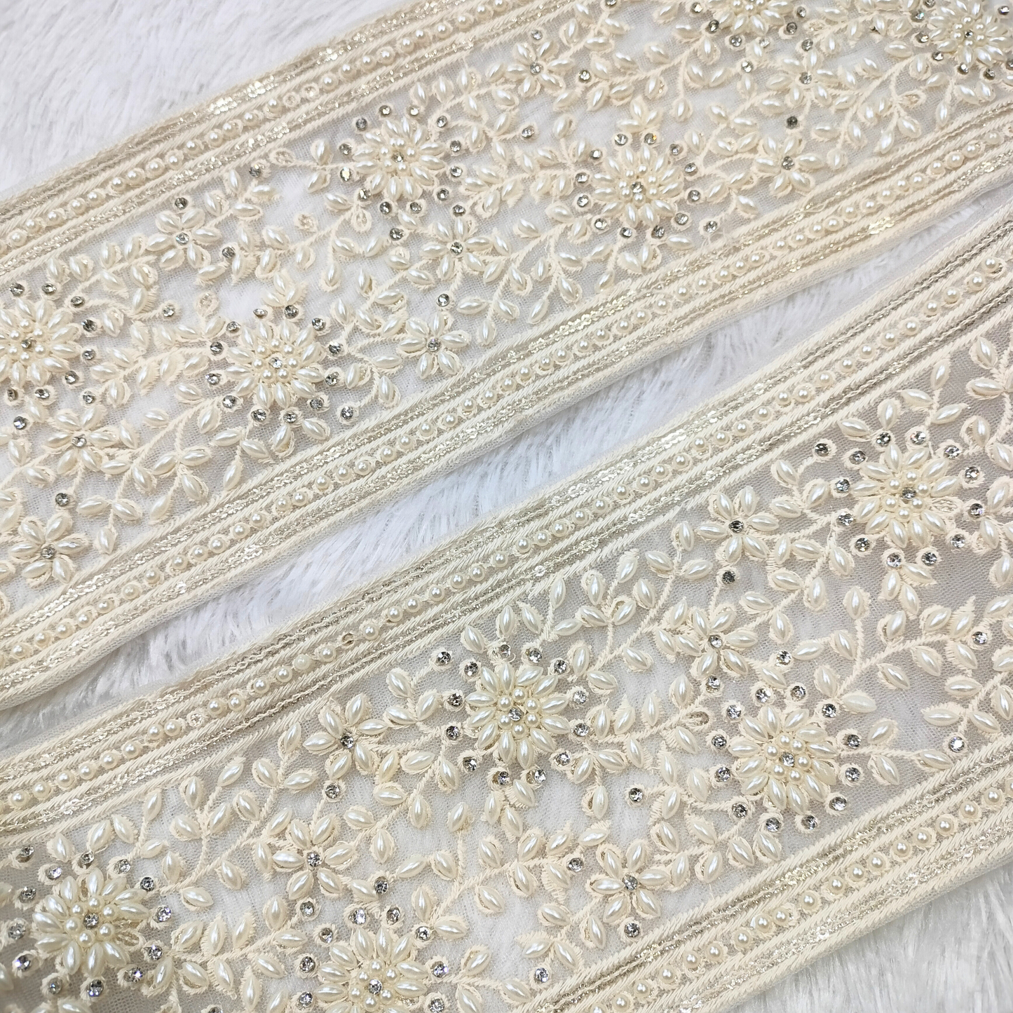 White Pearl And Stone Embellished Trim