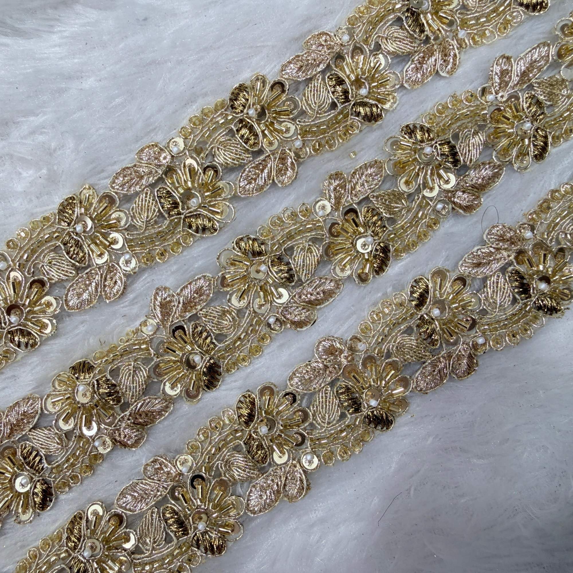 Gold Handcrafted Floral Lace Border with Bead, Sequin and Cutwork Detailing