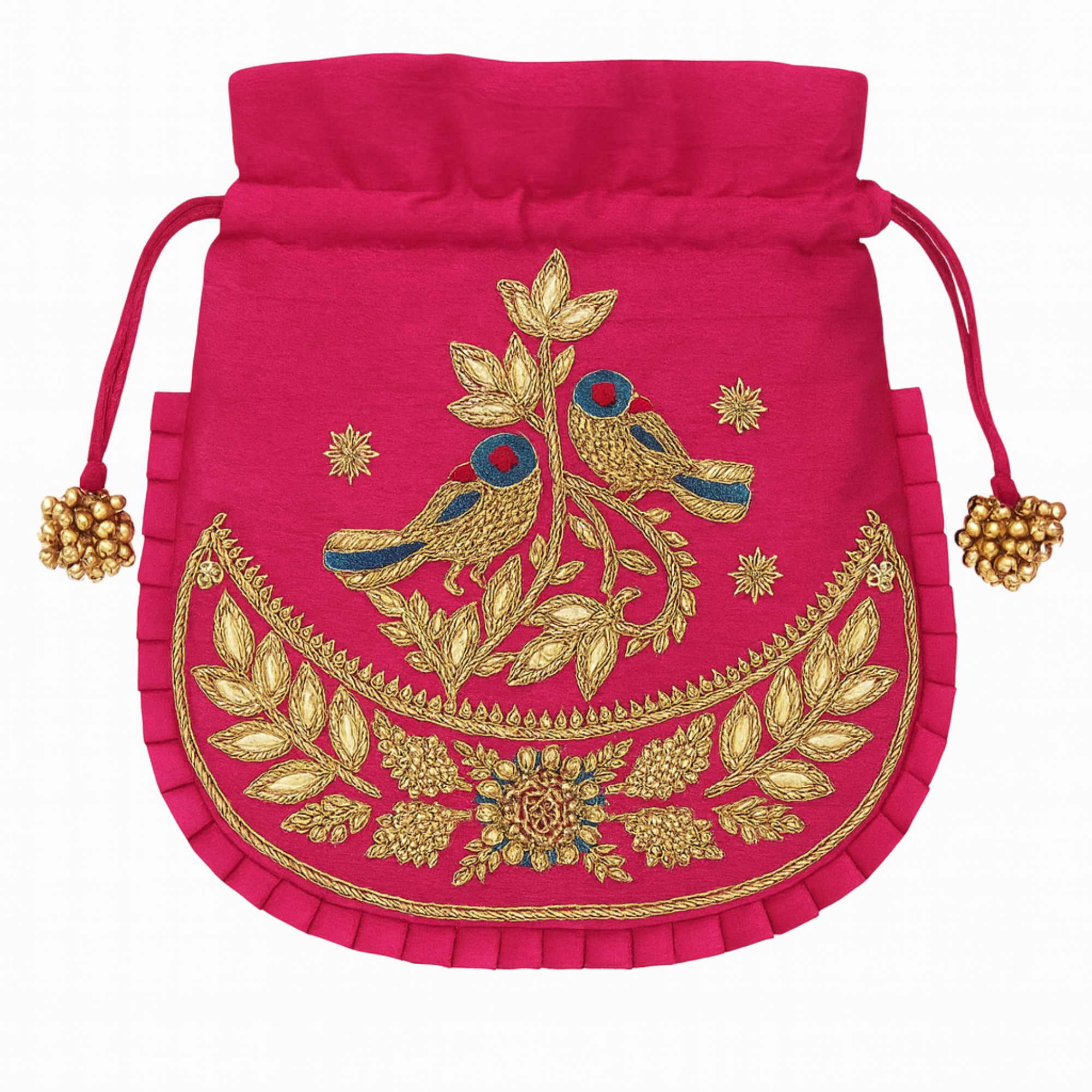 Red Regal Bird Embroidered Potli Bag