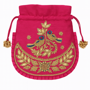 Red Regal Bird Embroidered Potli Bag