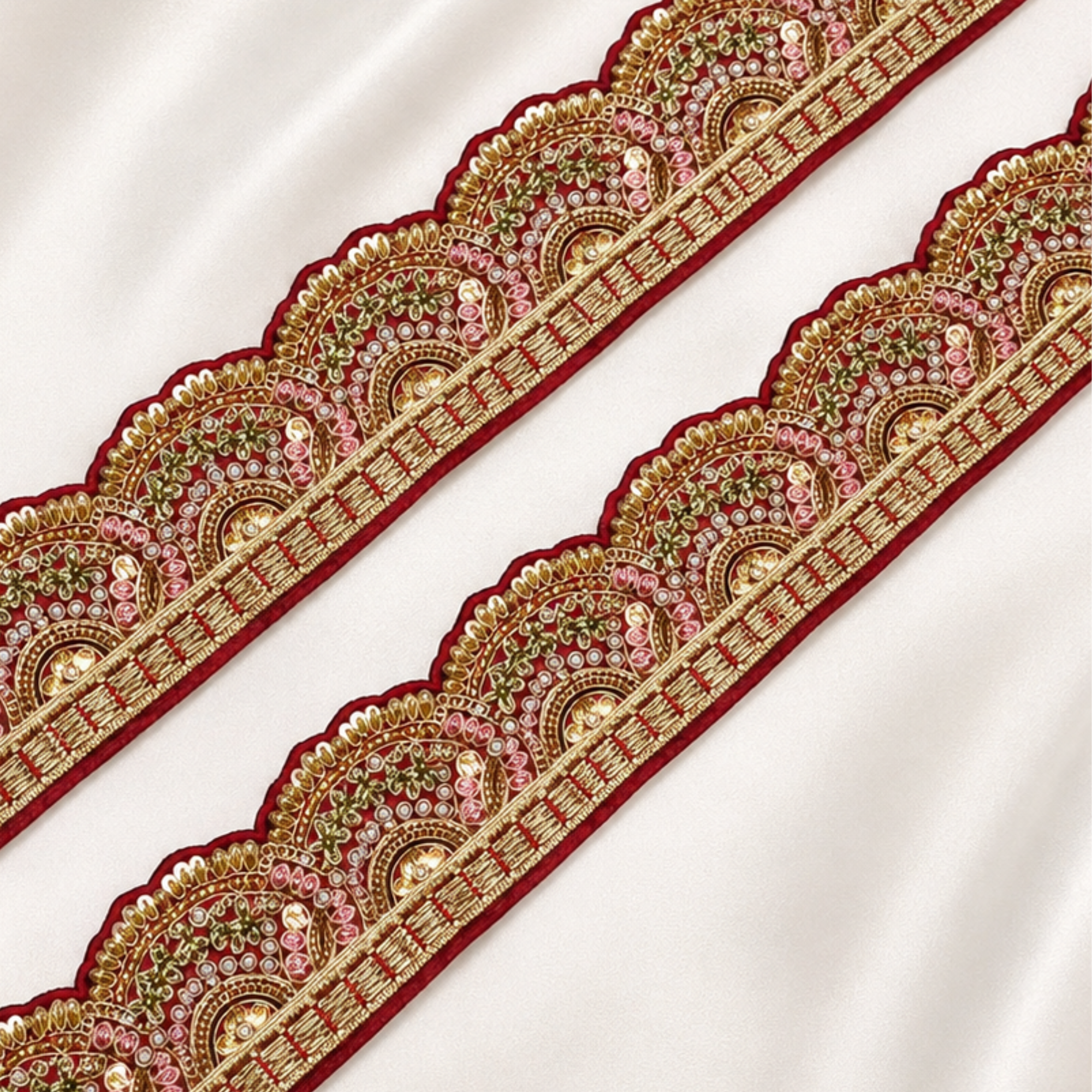 Scalloped Floral Metallic Handwork Wide Lace Border for Bridal & Designer Wear