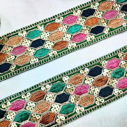 Green Multicolor Embroidery Work Lace
