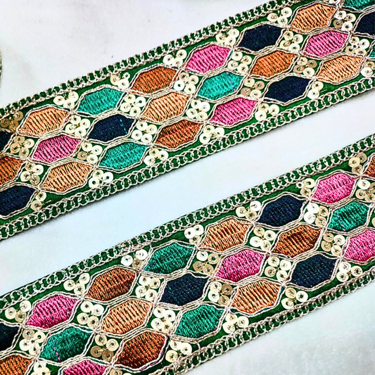 Green Multicolor Embroidery Work Lace