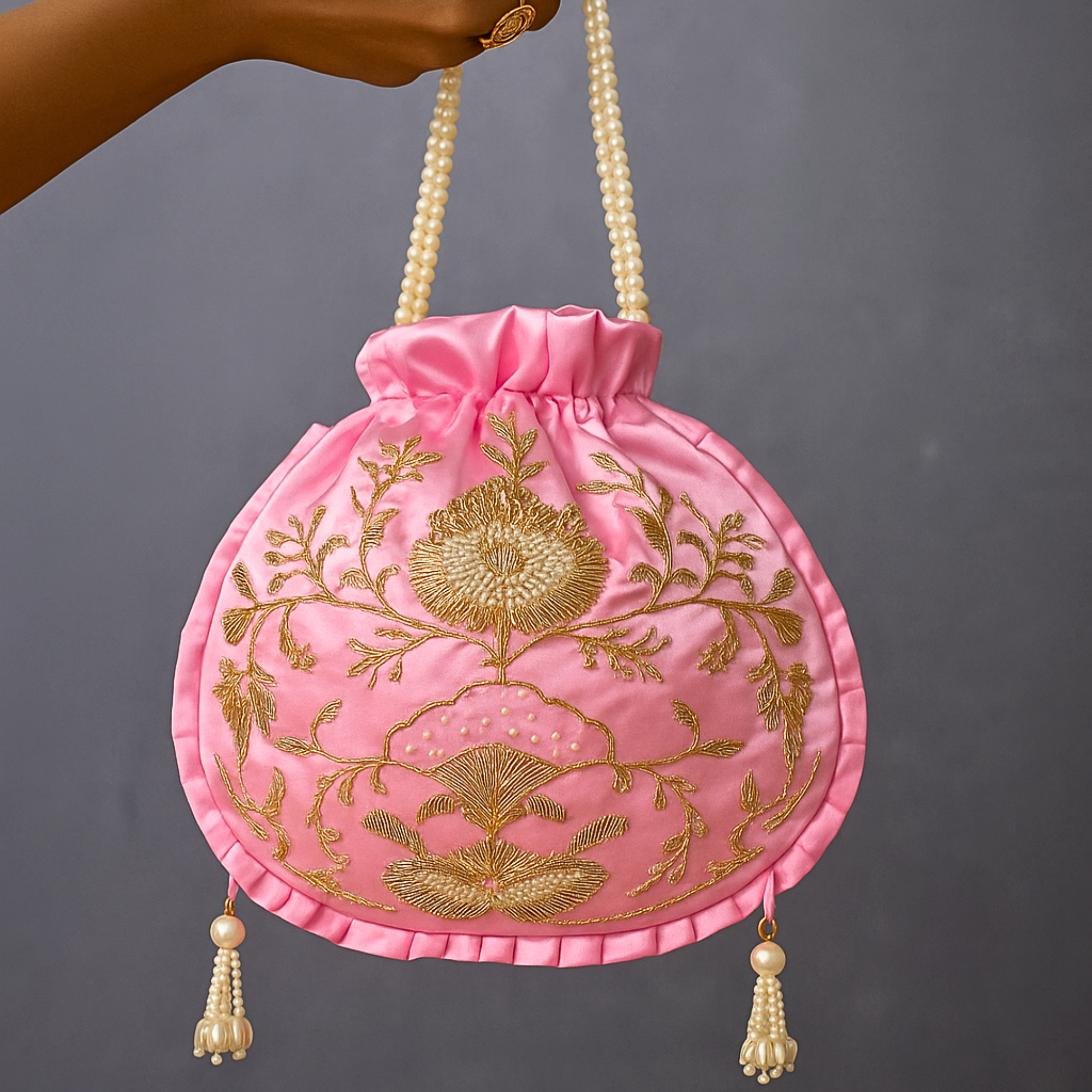 Pink Pearl Blossom Potli Bag