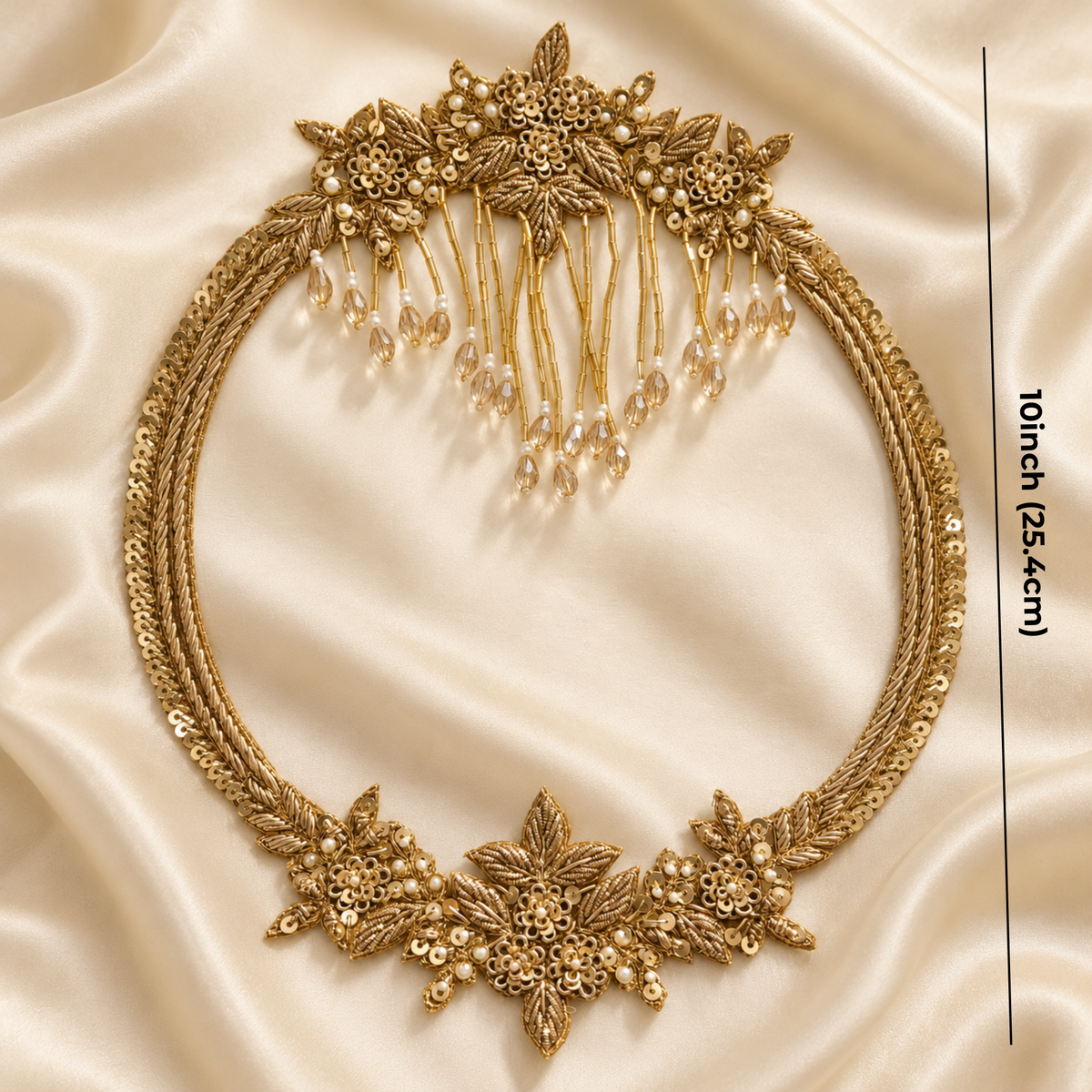 Ornate Floral Zardozi Embroidered Oval Patch with Beaded Tassels, Pearl & Sequin Detailing