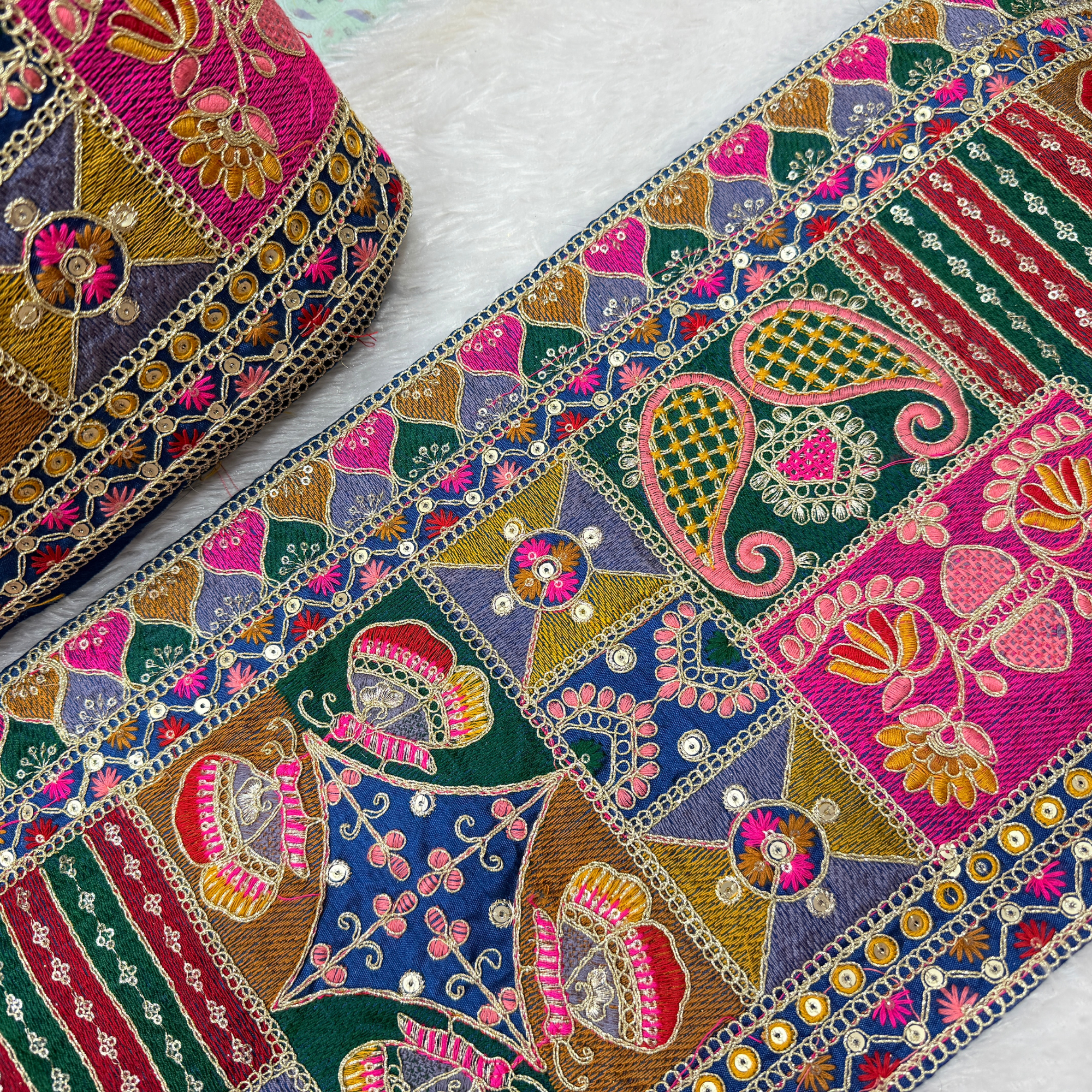Multicolour Patchwork Style Mirror & Zari Lace Border