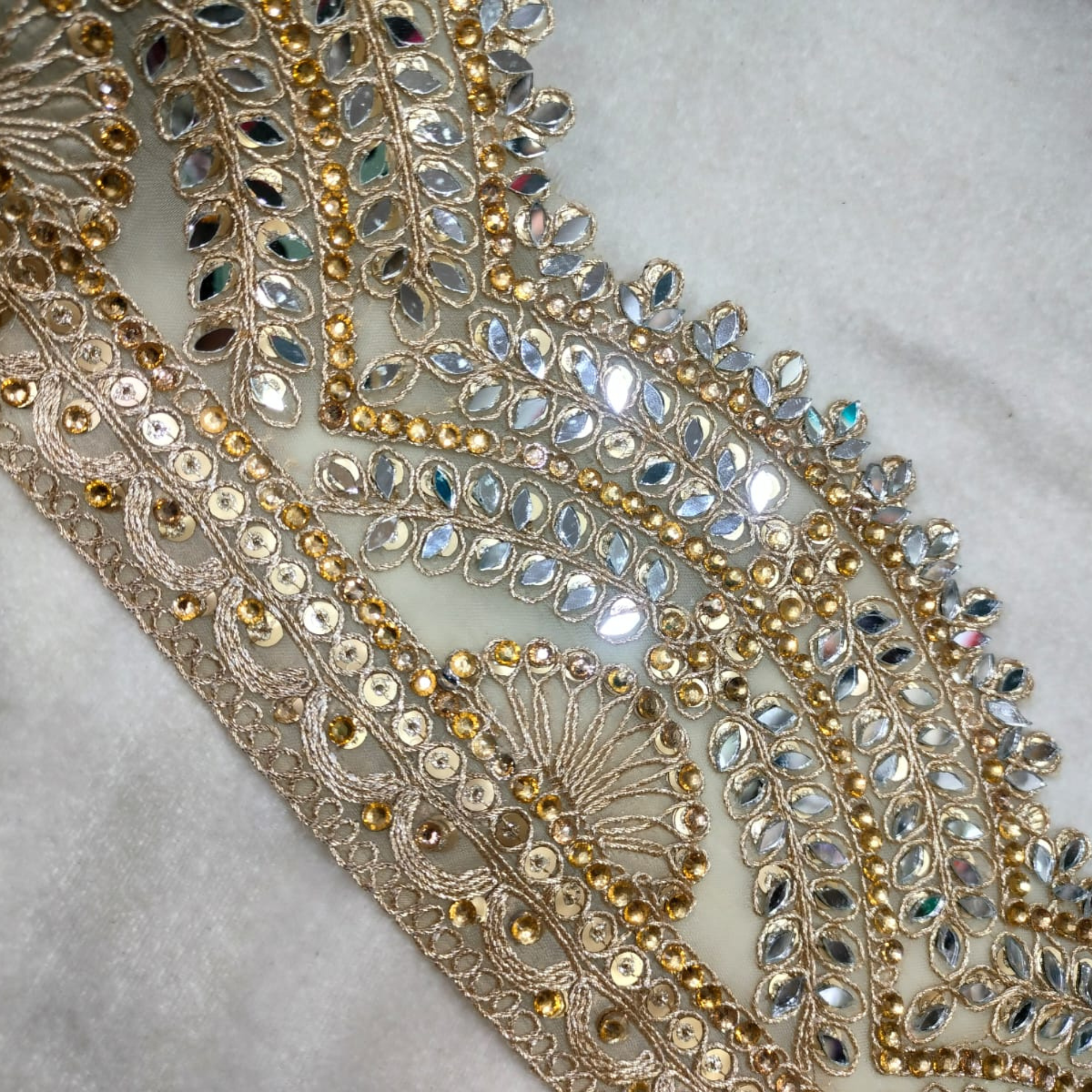 Mirror & Pearl Embellished Scalloped Lace Border for Bridal & Designer Wear