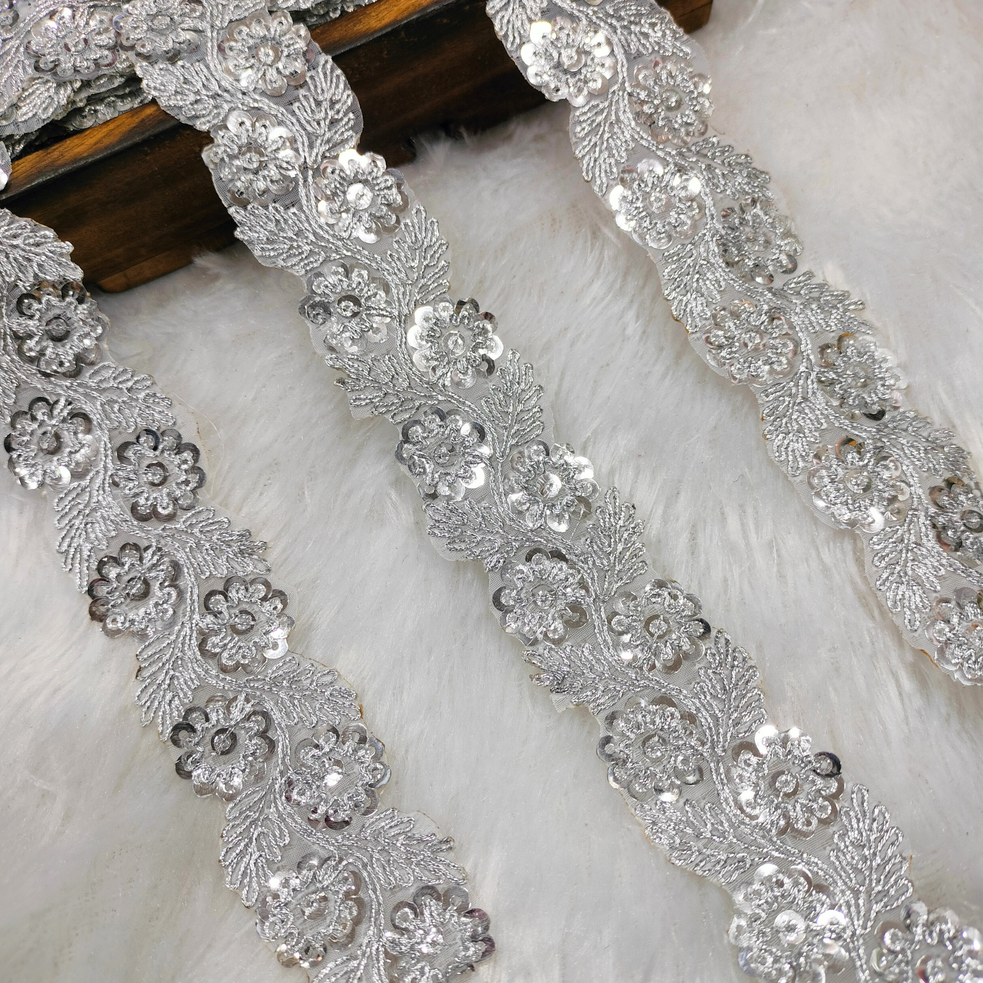 Silver Floral Embroidered Sequin Lace