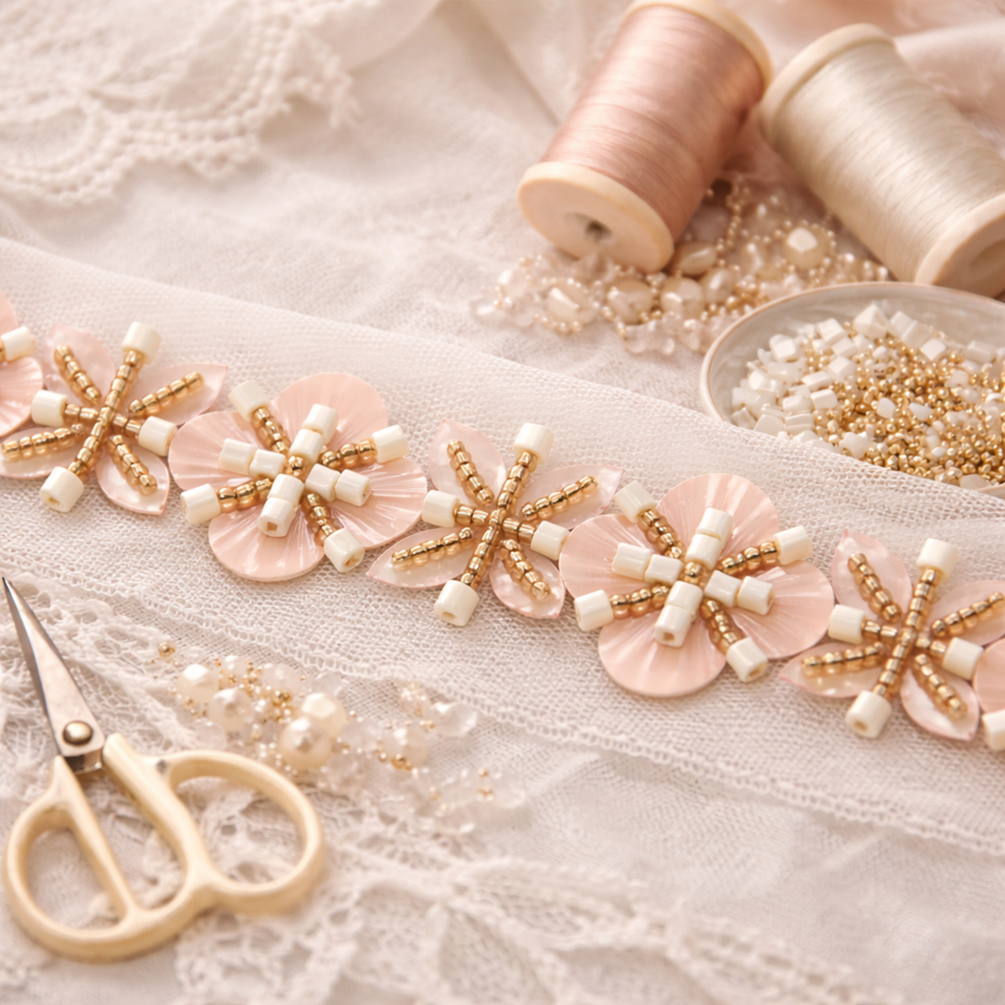 Blush Pink Floral Bead & Tube Lace