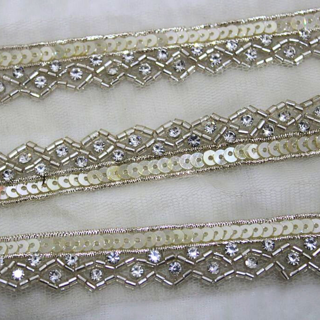 Light Gold Sequin and Stone Embellished Handwork Lace