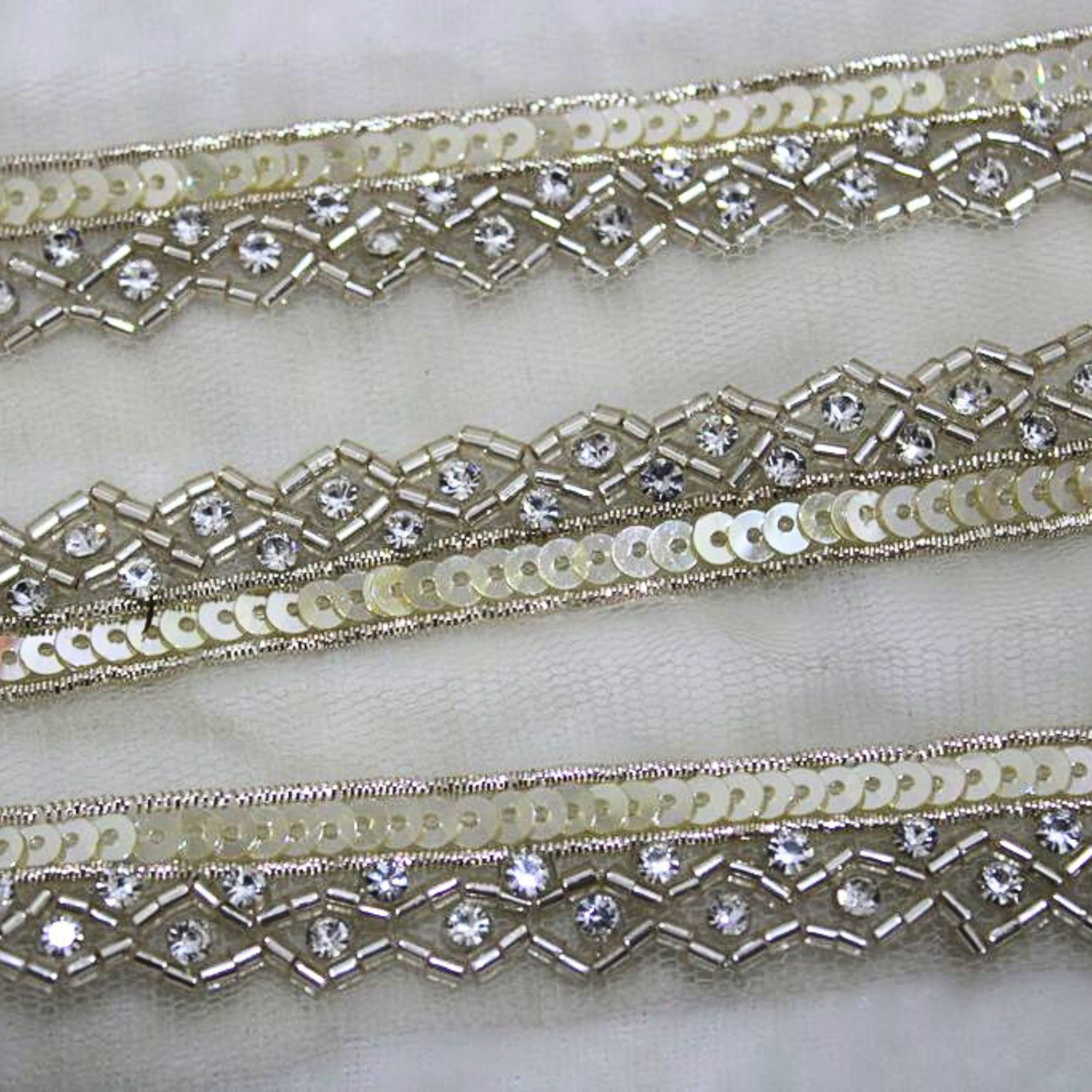 Light Gold Sequin and Stone Embellished Handwork Lace