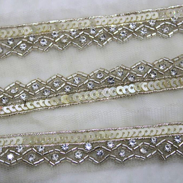 Light Gold Sequin and Stone Embellished Handwork Lace