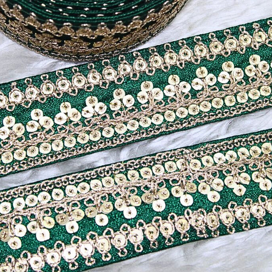 Dark Green Fancy Zari And Sequin Trim