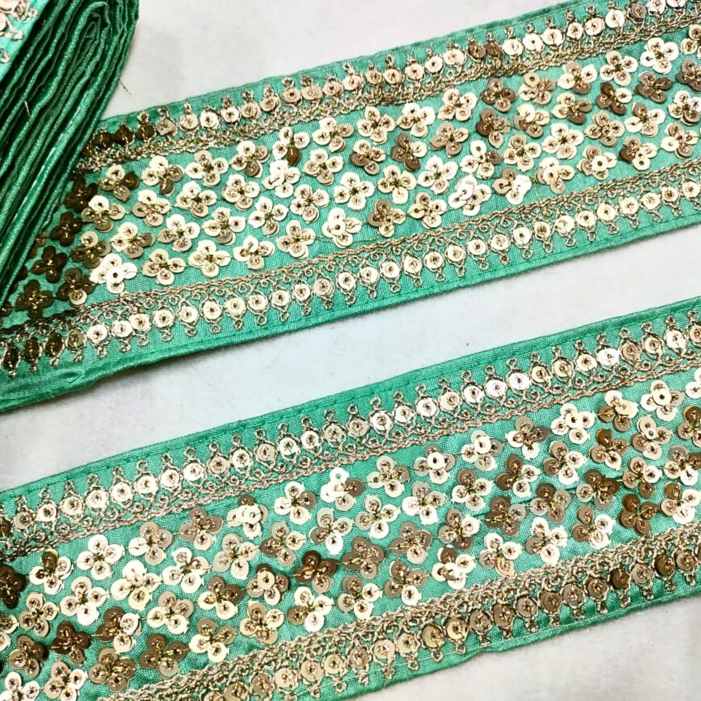 Turquoise Sequins Lace Border