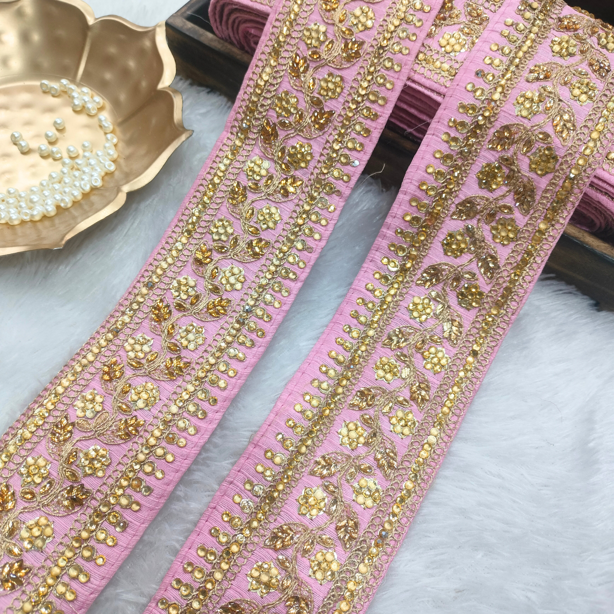 Pink Floral Embroidered Lace with Stone Detailing