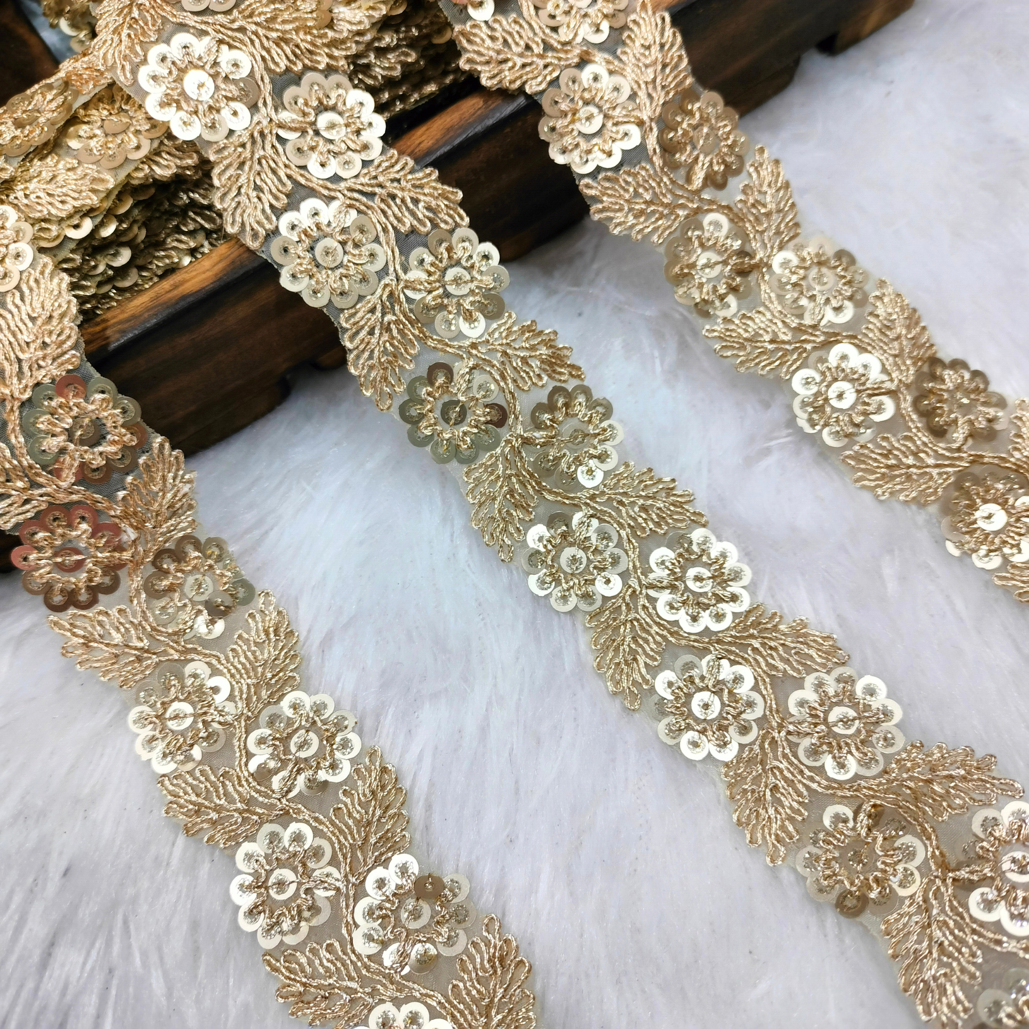 Gold Floral Vine Embroidered Sequin Lace