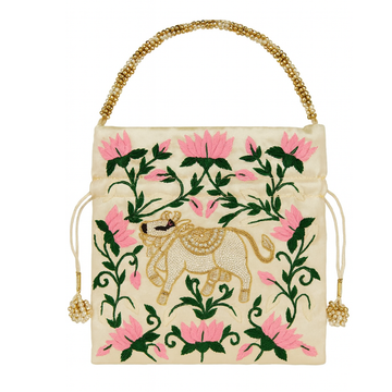 Ivory Lotus & Cow Motif Potli
