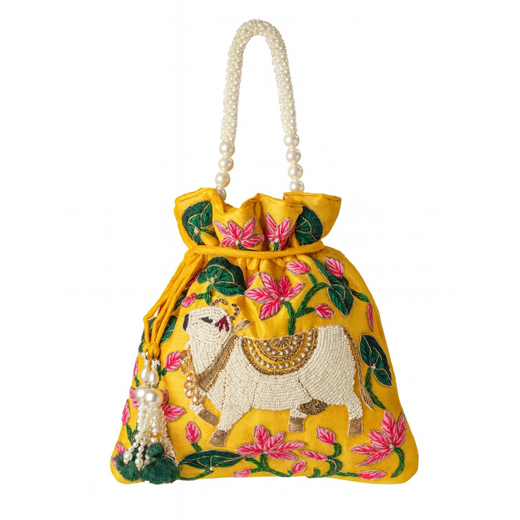 Yellow Lotus Cow Embroidered Potli