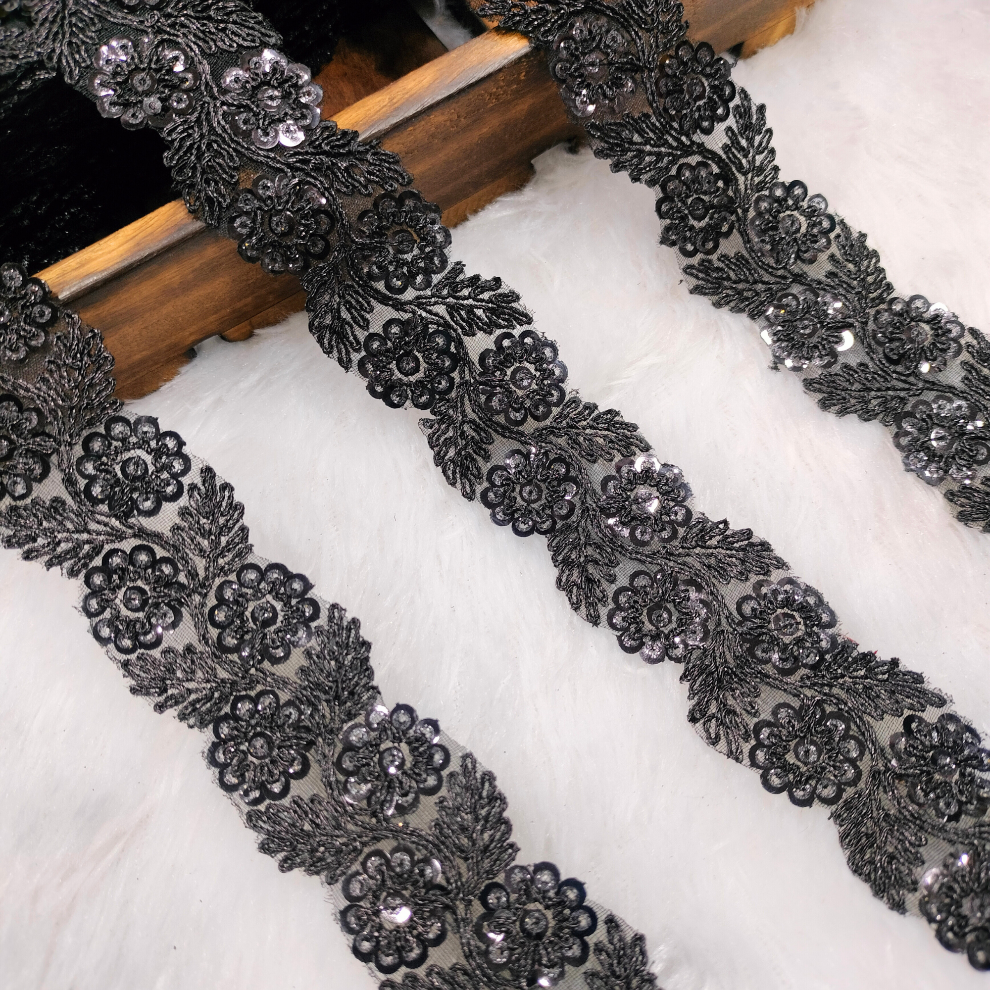 Jet Black Floral Vine Embroidered Sequin Lace