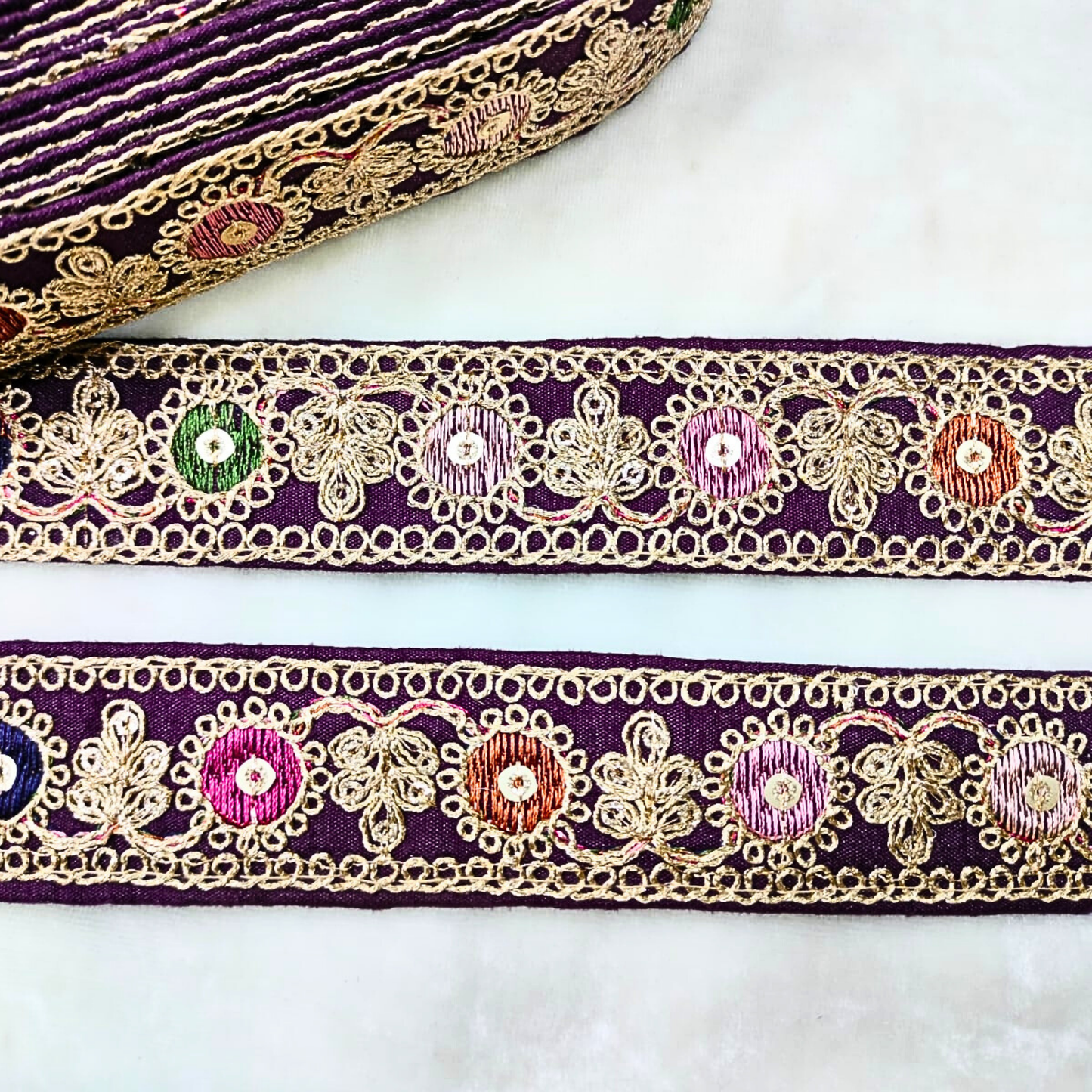 Vibrant Purple Base Multicolor Embroidery Lace Trim