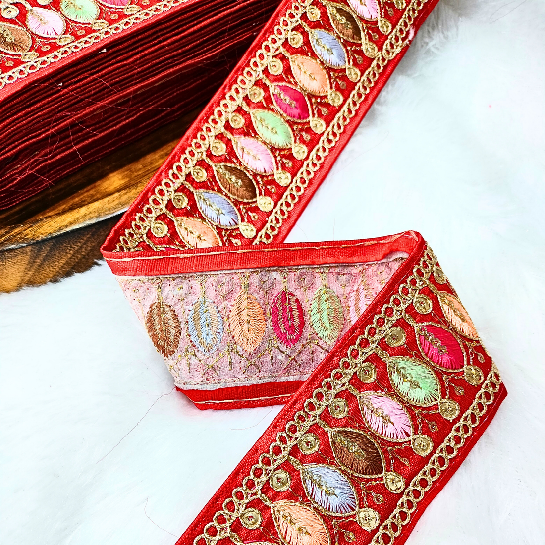 Vibrant Red Trim with Colorful Embroidery  Trim