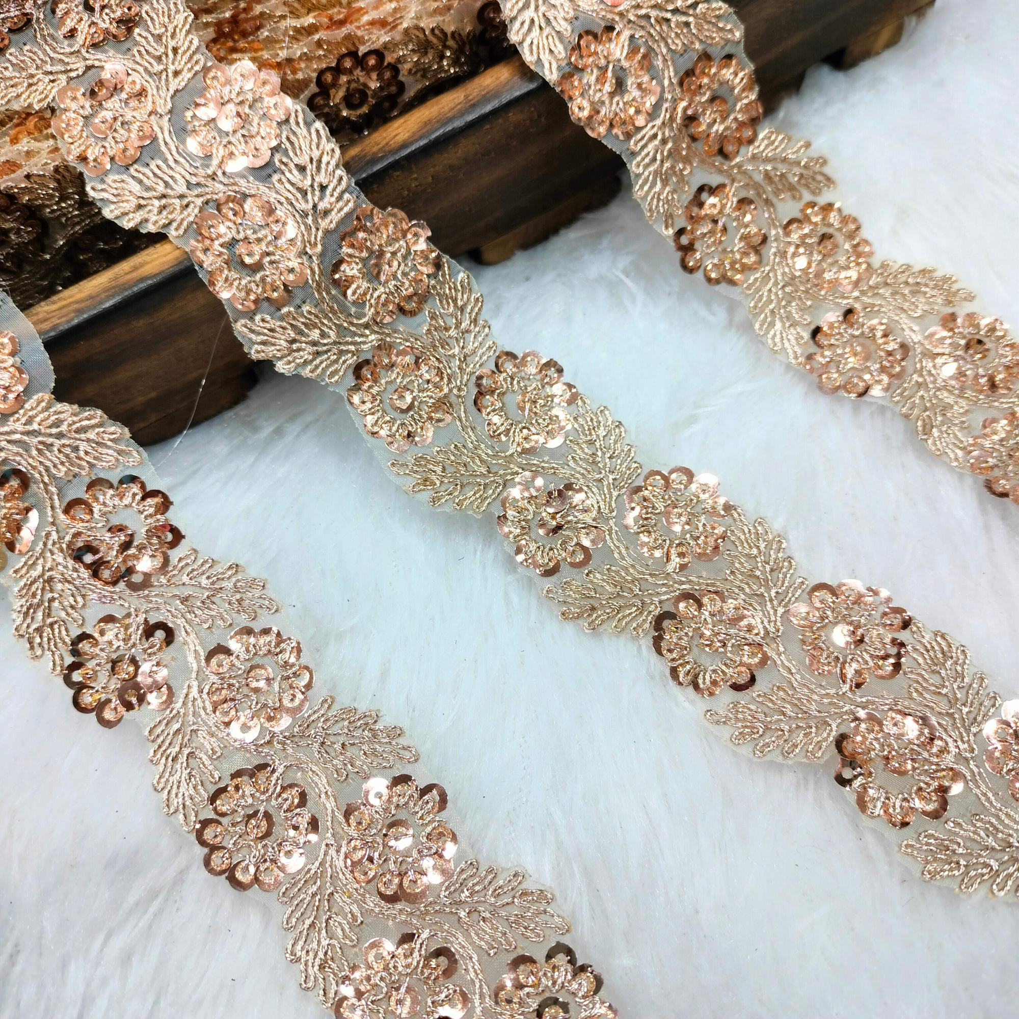 Champagne Rose Gold Floral Embroidered Sequin Lace