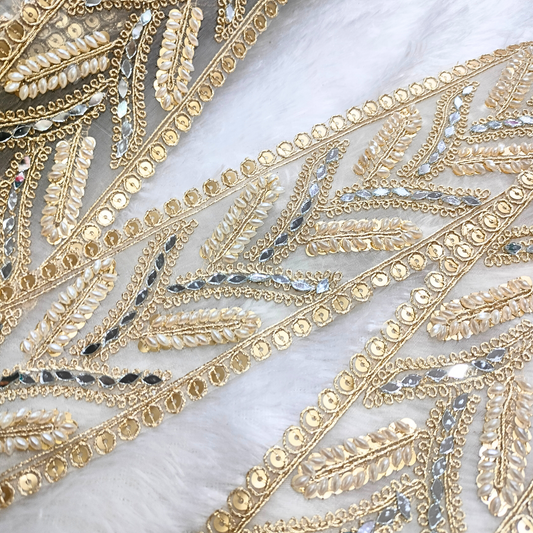 Golden Fancy Embellished Stone and Pearl Trim