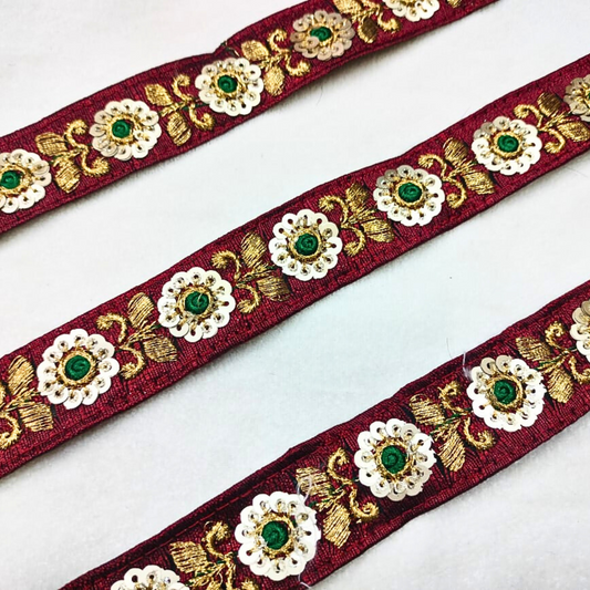 Elegant Maroon Floral Sequin Trim