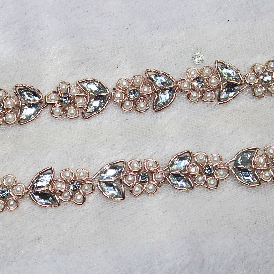 Rose Gold Beads & White Stone Embellished Handwork Trim