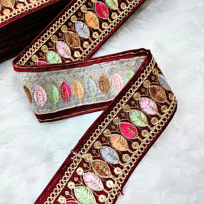 Elegant Maroon Trim with Colorful Embroidery Trim