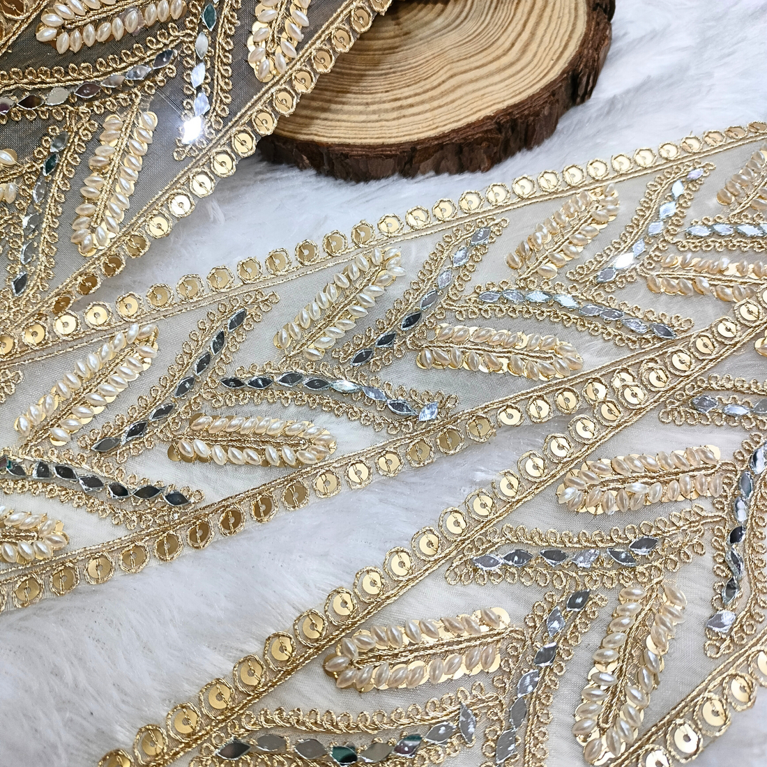 Golden Fancy Embellished Stone and Pearl Trim