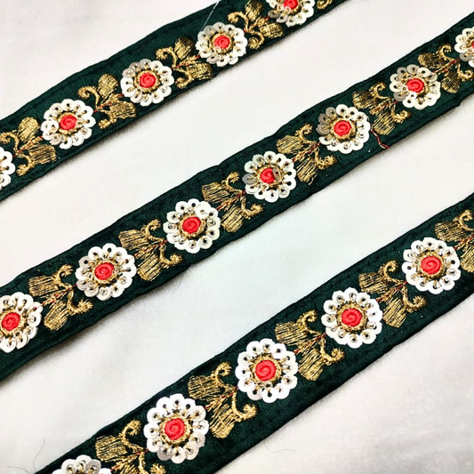 Elegant Dark Green Floral Sequin Trim