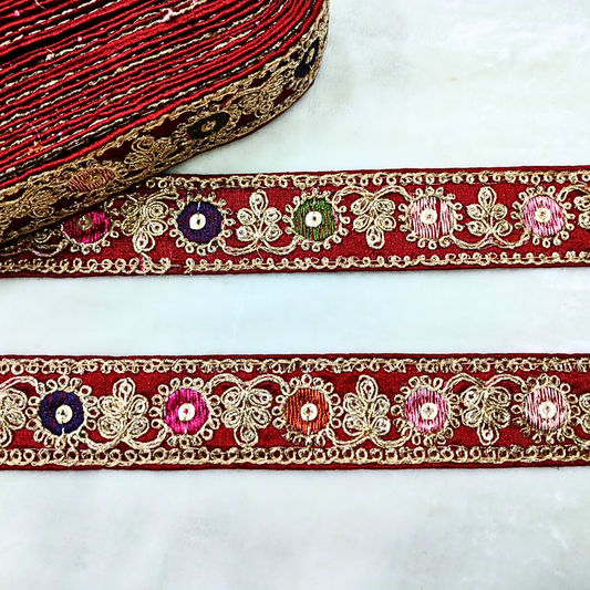 Vibrant Maroon Base Multicolor Embroidery Lace Trim