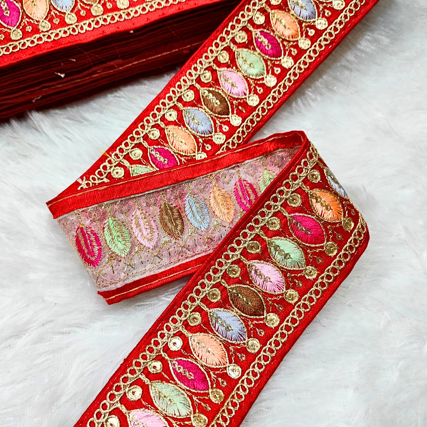 Vibrant Red Trim with Colorful Embroidery  Trim