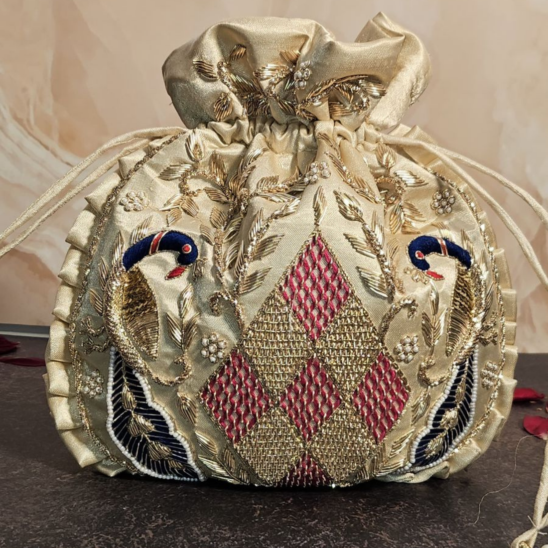 Golden Peacock Embroidered Potli